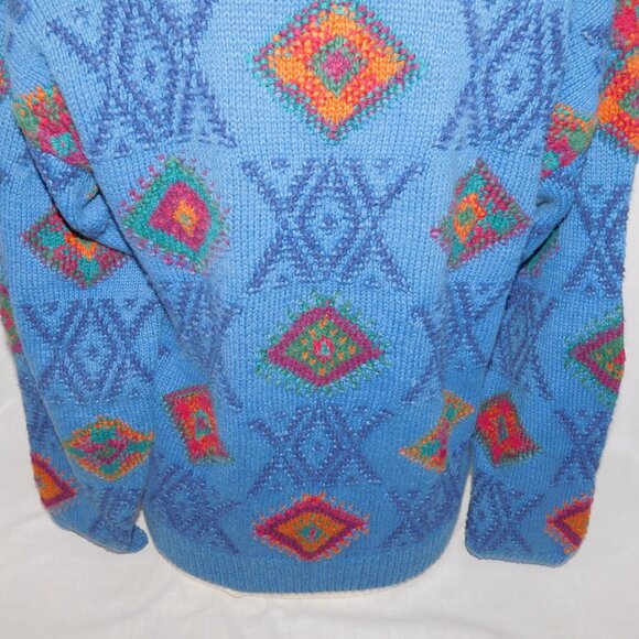 VTG Northern Isles Hand Knit Blue Multicolour Diamond Crew Neck Sweater Womens M - Picture 10 of 10